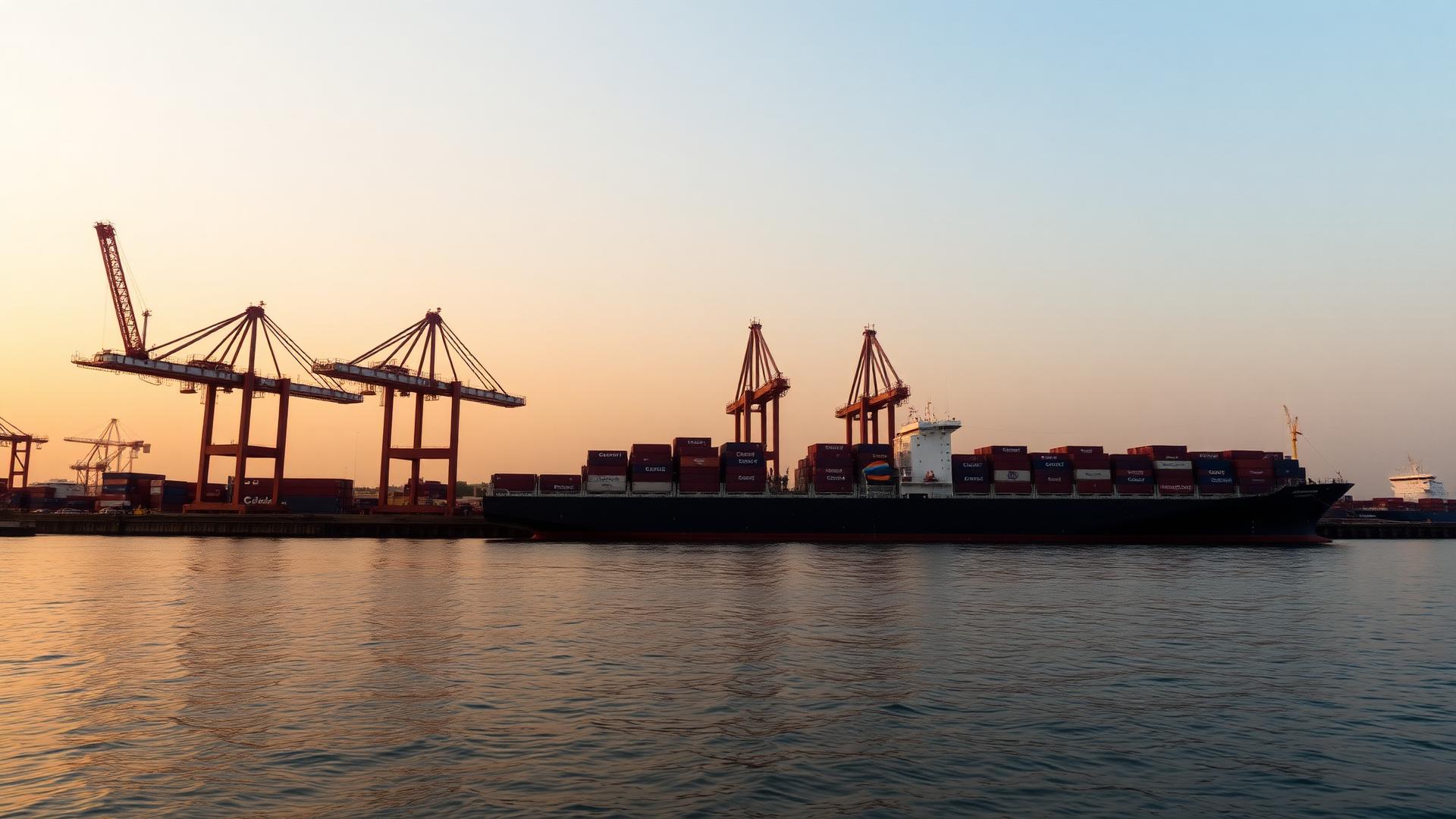 Port d'Abidjan au coucher du soleil : navire porte-conteneurs et grues portuaires